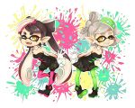  +_+ 2girls aori_(splatoon) black_dress black_hair brown_eyes detached_collar dress earrings esola fangs food food_on_head gloves green_legwear grey_hair grin hotaru_(splatoon) jewelry leaning_forward long_hair looking_at_viewer mask mole mole_under_eye multiple_girls object_on_head one_eye_closed open_mouth paint_splatter pantyhose pointy_ears pose purple_legwear shoes short_dress short_hair short_jumpsuit smile splatoon standing symmetrical_hand_pose tentacle_hair 