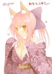 1girl :&gt; animal_ears bare_shoulders blush breasts caster_(fate/extra) cleavage fate/extra fate_(series) fox_ears hair_ribbon happy_new_year heart japanese_clothes kujiran new_year obi pink_hair ponytail ribbon sash smile solo translated twitter_username yellow_eyes 