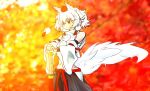  1girl animal_ears breasts detached_sleeves hat highres inubashiri_momiji looking_away midriff navel pom_pom_(clothes) red_eyes sarashi short_hair silver_hair skirt solo sword tail tokin_hat touhou weapon wolf_ears wolf_tail 
