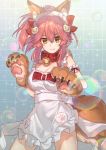  1girl :3 animal_ears arm_garter bell blush breasts caster_(fate/extra) cleavage collar fate/extra fate/grand_order fate_(series) fox_ears fox_tail gloves hair_ornament looking_at_viewer maid_headdress paw_gloves paws pink_hair short_hair solo tail tamamo_cat_(fate/grand_order) tyokoa4649 yellow_eyes 