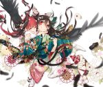  2girls alternate_costume animal_ears black_hair black_wings bow braid cat_ears cat_tail feathers floral_background floral_print flying hair_bow highres japanese_clothes kaenbyou_rin long_hair multiple_girls multiple_tails open_mouth red_eyes redhead reiuji_utsuho smile tail touhou toutenkou twin_braids white_background wings 