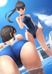  2girls ass bangs bent_over black_hair blunt_bangs blush brown_eyes competition_swimsuit eto highres long_hair looking_back multiple_girls one-piece_swimsuit original ponytail smile stopwatch swimsuit watch wet 