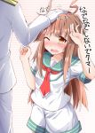  1boy 1girl admiral_(kantai_collection) ahoge brown_hair commentary_request hiro_(pqtks113) kantai_collection kuma_(kantai_collection) long_hair long_sleeves military military_uniform petting school_uniform serafuku short_sleeves shorts translation_request uniform 