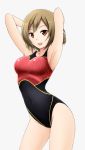  1girl armpits arms_up brown_eyes brown_hair competition_swimsuit fuuma_nagi meiko navel one-piece_swimsuit open_mouth short_hair smile standing swim_briefs swimsuit vocaloid 