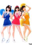 3girls armpits bangs bow brown_hair character_request cheerleader collarbone g-taste hairband highres lipstick long_hair looking_at_viewer makeup miniskirt multiple_girls one_eye_closed open_mouth purple_lipstick short_hair simple_background skirt smile socks twintails yagami_hiroki 