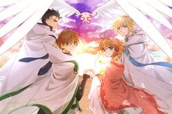  1girl 3boys black_hair blonde_hair blue_eyes brown_eyes brown_hair closed_eyes fay_d_flourite feathers green_eyes hair_ornament hanakan holding_hands kurogane_(tsubasa_chronicle) looking_at_viewer mokona multiple_boys outdoors red_eyes sakura_hime short_hair smile tsubasa_chronicle wings xiaolang 