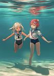  2girls blonde_hair blue_eyes flower hair_flower hair_ornament i-58_(kantai_collection) kantai_collection long_hair multiple_girls open_mouth pink_hair ro-500_(kantai_collection) school_swimsuit short_hair smile swimsuit underwater youmak 