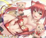  1girl animal_ears armor bare_shoulders bikini_armor bow breasts brooch cerberus_(shingeki_no_bahamut) cleavage collarbone dog_ears gradient gradient_background granblue_fantasy hand_puppet jewelry kd long_hair looking_at_viewer lying navel necklace on_side open_mouth orange_eyes puppet red_bow red_eyes redhead shingeki_no_bahamut solo stomach stuffed_animal stuffed_toy teddy_bear teeth thigh-highs transparent twintails vambraces very_long_hair 