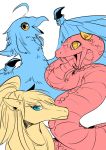 3girls ahoge akanesanzou animal_ears animalization bird blue_eyes blue_wings centorea_shianus fang forked_tongue hair_ornament hairclip horse horse_ears long_hair looking_at_viewer miia_(monster_musume) monster_musume_no_iru_nichijou multiple_girls open_mouth papi_(monster_musume) pointy_ears ponytail scales slit_pupils smile snake tongue wings yellow_eyes 