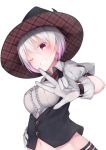  1girl blush earrings frills gloves grin hat jewelry midriff navel one_eye_closed original pink_eyes puffy_short_sleeves puffy_sleeves shirt short_sleeves silver_hair smile solo v vest waterdog white_gloves witch_hat 