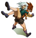  2boys blue_eyes blue_hair brown_hair carrying eyepatch genda_koujirou gloves inazuma_eleven inazuma_eleven_(series) long_hair male_focus miman_(ramblecat) multiple_boys open_mouth orange_eyes sakuma_jirou smile 