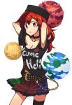  1girl arms_behind_head belt breasts chain choker cleavage clothes_writing clouds commentary_request earth_(ornament) english hecatia_lapislazuli moon_(ornament) open_mouth ori_(yellow_duckling) red_eyes redhead skirt solo touhou 