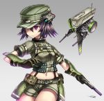  1girl armor belt belt_pouch cable closed_mouth clothes_writing cowboy_shot frown gia gloves glowing grey_background gun handgun hat highres holding_gun holding_weapon japanese_armor kote looking_away looking_to_the_side machinery military military_uniform one_eye_covered original purple_hair radio_antenna robot short_hair short_sleeves shorts signature solo stomach suppressor suspenders uniform violet_eyes weapon 