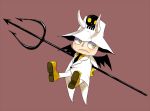  1boy brown_background gloves hat horns necktie one_piece polearm saldeath simple_background solo trident weapon wings yellow_eyes 