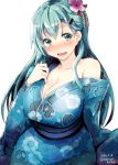  1girl 2016 :d aqua_eyes aqua_hair artist_name bare_shoulders blush breasts cleavage collarbone colored_eyelashes curvy dated floral_print flower gin&#039;ichi_(akacia) hair_flower hair_ornament hairclip hairpin japanese_clothes kantai_collection kimono large_breasts long_sleeves looking_at_viewer nose_blush open_clothes open_kimono open_mouth sash simple_background smile solo suzuya_(kantai_collection) sweatdrop teeth undressing upper_body white_background 