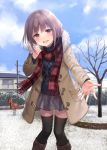  1girl black_legwear blue_sky boots brown_eyes brown_hair clouds coat fukahire_sanba long_sleeves looking_at_viewer open_clothes open_coat open_mouth original outstretched_hand playground power_lines revision scarf skirt sky smile snow solo sweater thigh-highs tree winter winter_clothes zettai_ryouiki 