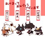  4girls blush_stickers carrying chibi commentary_request dress headgear highres horns kagami_mochi kantai_collection kobone long_hair mittens multiple_girls northern_ocean_hime pt_imp_group running shinkaisei-kan translation_request white_dress white_hair white_skin zouni_soup 