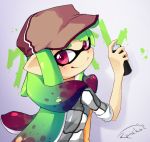  1girl alternate_hairstyle artist_name baseball_cap blush checkered_shirt domino_mask green_hair hat inkling long_hair long_sleeves looking_at_viewer looking_back mask pointy_ears runeko shirt signature smile solo splatoon spray_paint standing star star-shaped_pupils symbol-shaped_pupils tentacle_hair upper_body violet_eyes 