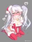  1girl bare_shoulders bell blush breasts christmas cleavage elbow_gloves gloves green_eyes grey_background hair_between_eyes hair_ornament hat heart hitotose_rin long_hair looking_at_viewer revision santa_costume santa_hat sennen_sensou_aigis sidelocks silver_hair simple_background sitting skull_hair_ornament solo sybilla twintails twitter_username very_long_hair wariza 
