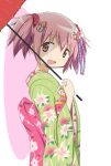  1girl highres japanese_clothes kaname_madoka kimono kinfuji mahou_shoujo_madoka_magica open_mouth pink_eyes pink_hair short_hair twintails umbrella 
