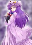  1girl book cowboy_shot crescent_moon from_behind hair_ribbon hat holding holding_book long_hair looking_at_viewer looking_back mob_cap moon moon_(ornament) nightgown open_mouth patchouli_knowledge purple_hair ribbon solo striped striped_pajamas touhou unya violet_eyes 