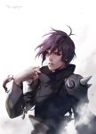  1boy blurry clothes_pull depth_of_field fingerless_gloves ghost_messenger gloves highres jewelry kanglim kenny_(poe90) male_focus necklace purple_hair shoulder_pads shoulder_spikes solo spikes upper_body violet_eyes 