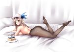  1girl airplane bangs black_legwear blonde_hair blue_eyes book breasts closed_mouth curtains hair_ornament hat highres l.sy large_breasts legs_up lexington_(zhan_jian_shao_nyu) light_brown_hair long_hair lying no_panties no_pants no_shoes on_bed on_stomach open_book pantyhose pillow plate smile solo sweets topless uss_lexington_(cv-2) very_long_hair zhan_jian_shao_nyu 