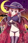  1girl :d alternate_costume bat bat_wings black_bra black_legwear black_panties blush bra breasts cape cleavage clouds crescent_moon demon_tail elbow_gloves gloves halloween hat head_wings highres house koakuma long_hair looking_at_viewer low_wings moon navel night night_sky open_mouth panties pointy_ears red_eyes redhead reimei_(r758120518) see-through skindentation sky smile solo star tail thigh-highs thigh_gap touhou under_boob underwear very_long_hair wings witch_hat zettai_ryouiki 