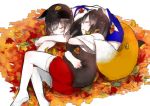  2girls akagi_(kantai_collection) animal_ears black_hair closed_eyes fox_ears fox_tail japanese_clothes kaga_(kantai_collection) kantai_collection kemonomimi_mode leaf lying multiple_girls on_side raccoon_ears raccoon_tail shuu-0208 sleeping sleeping_on_person tail tail_hug thigh-highs younger 