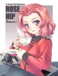  1girl crusader_(tank) cup girls_und_panzer highres holding_cup looking_at_viewer mao_(6r) military military_vehicle open_mouth redhead rosehip saucer school_uniform short_hair solo tank teacup vehicle 