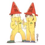  adjusting_clothes adjusting_hat blush braid brown_eyes brown_hair hat high_collar jumpsuit juushimatsu&#039;s_girlfriend long_hair matching_outfit matsuno_juushimatsu osomatsu-kun osomatsu-san pulaco simple_background thumbs_up traffic_cone twitter_username white_background 