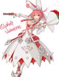  1girl blue_eyes bouquet breasts character_name cleavage cleavage_cutout clover dress earrings elphelt_valentine flower four-leaf_clover gloves guilty_gear guilty_gear_xrd gun haru_ato highres jewelry large_breasts pink_hair short_hair smile solo spikes veil weapon white_dress 