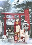  3girls animal_ears black_hair blonde_hair brown_eyes forest geta hair_bun japanese_clothes kimono meiz multiple_girls nature obi pantyhose sash shrine snow squatting standing statue tail white_hair wide_sleeves winter 