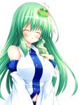 &gt;_&lt; /\/\/\ 1girl blush breast_poke breasts closed_eyes cursor detached_sleeves frog_hair_ornament green_hair hair_ornament kochiya_sanae large_breasts long_hair long_sleeves open_mouth osashin_(osada) pointer poking shirt snake_hair_ornament solo surprised touhou very_long_hair wide_sleeves 
