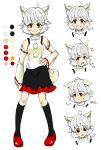  1girl anger_vein angry animal_ears black_legwear blush breasts color_trace detached_sleeves fangs hand_on_hip hat highres inubashiri_momiji looking_at_viewer open_mouth pom_pom_(clothes) red_eyes shinomiya_naka short_hair silver_hair skirt smile solo tail thigh-highs tokin_hat touhou translation_request wolf_ears wolf_tail 
