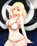  1girl alternate_costume arano_oki bikini blonde_hair blush breasts cleavage crescent drill_hair fairy_wings full_moon highres jewelry large_breasts long_hair luna_child moon navel necklace o-ring_bikini older red_eyes smile solo swimsuit touhou white_bikini white_swimsuit wings 