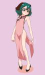  1girl alternate_costume ameyu animal_ears blush china_dress chinese_clothes dress full_body green_eyes green_hair hair_ornament hairclip kasodani_kyouko lavender_background looking_down no_panties pink_dress short_hair simple_background sleeveless solo sweatdrop touhou 