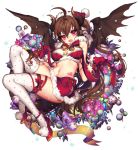  1girl :d ahoge bell breasts brown_hair christmas_ornaments demon_horns demon_wings fang gift gloves hat high_heels horns long_hair looking_at_viewer midriff navel open_mouth original pika_(kai9464) red_gloves ribbon santa_hat simple_background skirt smile snowflakes solo thigh-highs very_long_hair violet_eyes white_background white_legwear wings 