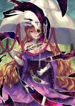  1girl bare_shoulders berabou blonde_hair breasts brown_hair cleavage corset dress elbow_gloves gap gloves hat hat_ribbon highres long_hair mob_cap purple_dress red_eyes ribbon skeleton skull solo space star_(sky) touhou umbrella very_long_hair white_gloves wide_sleeves yakumo_yukari 