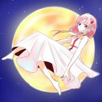  1girl bare_shoulders barefoot dress full_moon guilty_crown hair_ornament hairclip long_hair looking_at_viewer moon open_mouth pink_hair red_eyes sarina_(tosiyukiryousuke) solo twintails yuzuriha_inori 