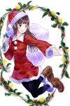  :d bangs black_legwear blunt_bangs boots brown_boots christmas fur_trim green_eyes hat highres jumping long_hair looking_at_viewer open_mouth original outstretched_hand pantyhose pom_pom_(clothes) sack santa_costume santa_hat smile yaamodo_seijin 