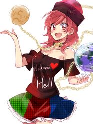  1girl chain clothes_writing collar earth_(ornament) hat hecatia_lapislazuli highres long_hair moon_(ornament) open_mouth red_eyes redhead shirt six_(fnrptal1010) skirt smile solo t-shirt touhou 