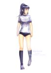  1girl aken artist_name black_eyes black_hair black_legwear bloomers character_name full_body gym_uniform high_ponytail highres kneehighs long_hair narberal_gamma overlord_(maruyama) shirt shoes simple_background socks solo t-shirt underwear watermark web_address white_background 