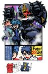  2boys black_hair blue_hair caster_(fate/extra_ccc) charles_babbage_(fate/grand_order) comic fate/grand_order fate_(series) glasses male_protagonist_(fate/grand_order) multiple_boys parody pizza_morinaga pose robot tablet tetsujin_28-gou 