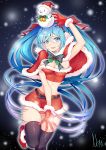  1girl arm_up belt blue_eyes blue_hair bow breasts christmas earmuffs gloves hat hatsune_miku holly long_hair looking_at_viewer midriff monmon_(monx) santa_costume santa_hat skirt snow snowman solo thigh-highs twintails very_long_hair vocaloid 