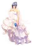  1girl aken artist_name bare_shoulders black_hair bouquet breasts bridal_veil character_name cleavage closed_eyes dress flower full_body hair_bun hand_on_own_head high_heels highres narberal_gamma overlord_(maruyama) simple_background sitting sleeveless sleeveless_dress solo veil watermark web_address wedding_dress white_background 