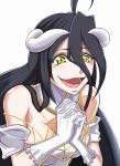  1girl ahoge albedo black_hair hands_together highres horns long_hair murabito_sono2 open_mouth overlord_(maruyama) simple_background slit_pupils solo upper_body white_background yellow_eyes 