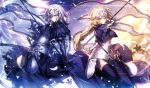  2girls armor armored_dress blonde_hair blue_eyes braid breasts capelet dress dual_persona fate/apocrypha fate/grand_order fate_(series) faulds flag gauntlets headpiece highres jeanne_alter long_hair md5_mismatch multiple_girls revision ruler_(fate/apocrypha) ruler_(fate/grand_order) shinooji single_braid thigh-highs violet_eyes 