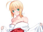  1girl ahoge aqua_eyes bare_shoulders blonde_hair blush branch fate/stay_night fate_(series) japanese_clothes kimono long_hair off_shoulder saber skylader smile snow solo window winter 