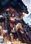  1girl android black_hair hako_(mypixid) high_heels highres long_hair looking_at_viewer mechanical_arm original panther ponytail rock sitting teeth very_long_hair white_eyes 